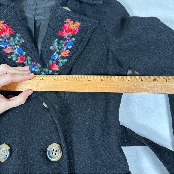 Black wool Trench Coat Floral Embroidery grandma cottagecore long button pink - Picture 9 of 9